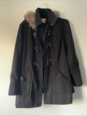 Paris Blues Black Hooded Toggle Coat with Faux Fur Trim Size 2x